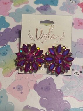 Fuchsia Crystal Flower Statement Earrings